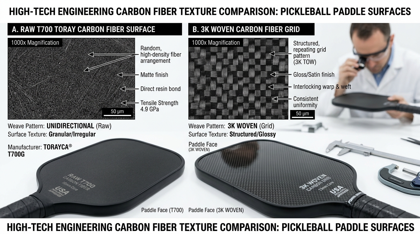 Raw T700 Toray Carbon Fiber Surface vs 3K Woven Grid Pickleball Paddle Surface Comparison